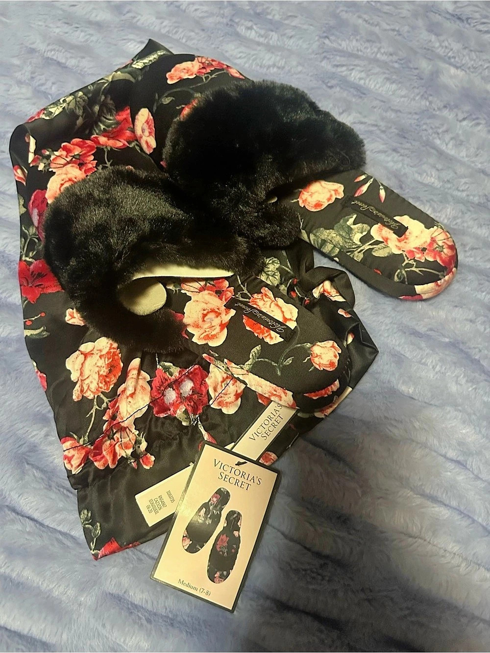 Victoria's Secret Signature Satin Faux Fur Slide Slippers Black & Pink US M